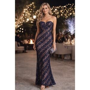 Nightway 8P Navy Nude Glitter Lace Strapless Formal Gown Special Occassion Prom